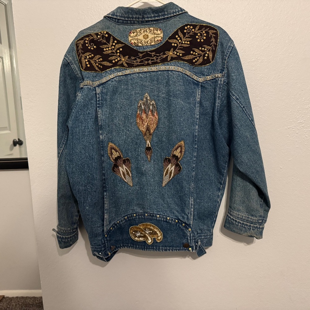 VTG 80s Paris Express Embroidered Denim Jacket, Hand-Detailed Maximalist Size L
